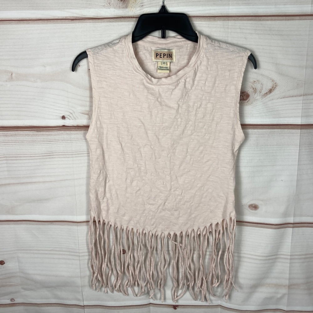 Pepin Top Womens XS Pink Fringe Tank Crew Neck Sleeveless Cotton Solid Knit